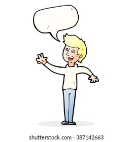cartoon man waving with speech bubble