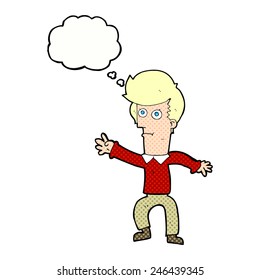 cartoon man waving with thought bubble