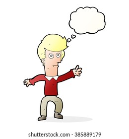 cartoon man waving with thought bubble