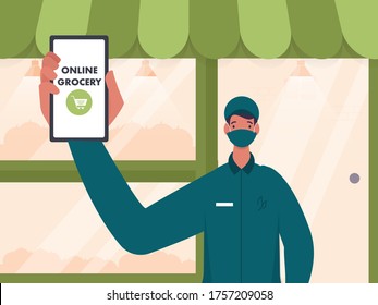 Cartoon Man wear Medical Mask with Showing Online Grocery App in Smartphone in Front of Shop Illustration.