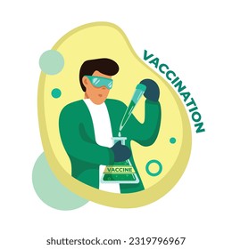 Cartoon man wearing eyeglasses inventing and doing vaccine. Protection from coronavirus outbreak. Making and giving covid 19 vaccination. Boosting immune system health. Vector