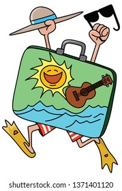 cartoon man wearing flippers holding his hat and sun glasses going on a vacation vector illustration