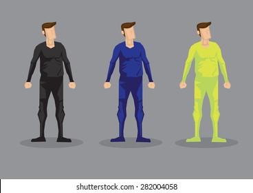 Cartoon man wearing form fitting bodysuit in colors of black, blue and neon green. Vector characters isolated on grey background.