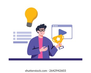 Cartoon man wearing glasses is holding a gold trophy beside a floating light bulb and monitor with play button indicating success and learning, presented in a bright, clean style suitable for