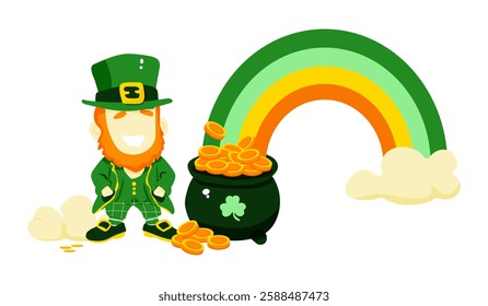 A cartoon of a man wearing a green hat and a green vest standing next to a green pot with gold coins in it. The image has a cheerful and festive mood