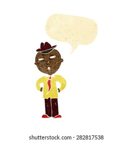 cartoon man wearing hat with speech bubble