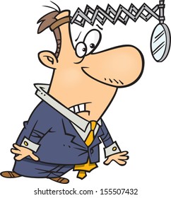 Cartoon man wearing a mirror on his head to see behind him