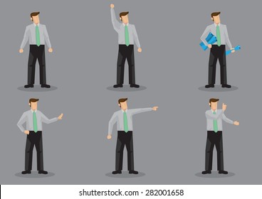 Cartoon man wearing office attire in various gestures. Set of six vector character illustration isolated on grey background.