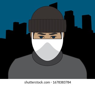 A cartoon man wearing a protective face mask is walking through the city at night