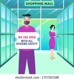 Cartoon Man wearing Protective Mask with Face Shield and "We Are Open With All Hygienic Safety" Message Board Hold and Modern Woman in Shopping Mall.