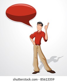 Cartoon man wearing red shirt talking with speech balloon