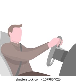 Cartoon man wearing seat belt driving the car vector illustration. Flat style design with copy space isolated on white background