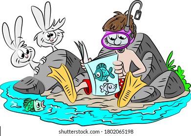 Cartoon man wearing snorkel mask and flippers reading a magazine vector illustration