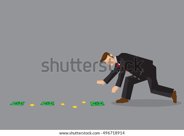 Cartoon man wearing suit\
bends over to pick up money lying on the ground. Vector\
illustration on finding easy money and get-rich-rich concept\
isolated on grey\
background.