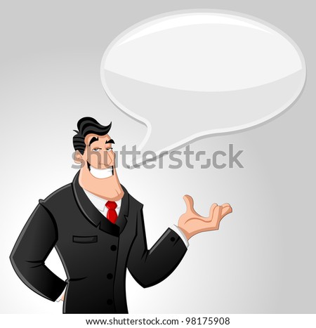 Cartoon man wearing suit talking with speech balloon