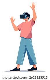Cartoon man wearing VR headset standing hands raised enjoying virtual reality game