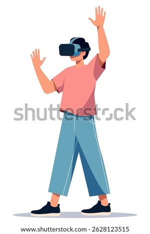 Cartoon man wearing VR headset standing hands raised enjoying virtual reality game