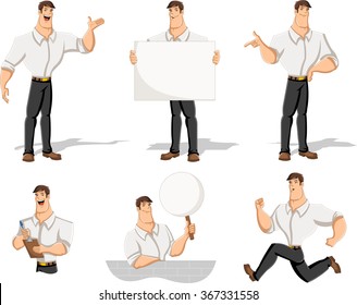 Cartoon man wearing white shirt in different actions