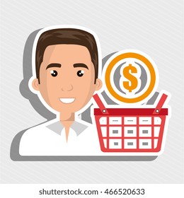 cartoon man wearing white shirt next to a black shopping basket and a money symbo, above over a yellow background vector illustration