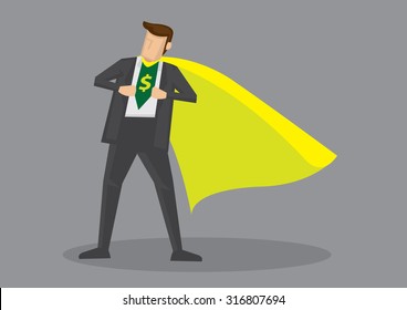 Cartoon man wearing yellow cape opening his shirt to reveal dollar sign. Creative vector illustration on metaphor for financial savvy or expert isolated on grey background.