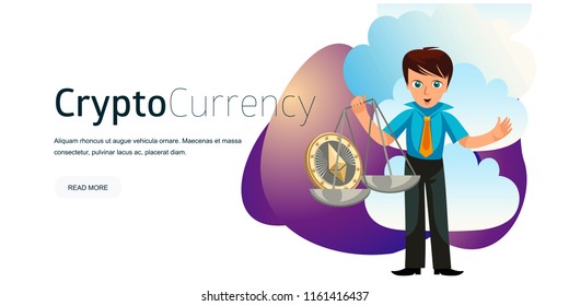Cartoon man weighs ether crypto currency poster
