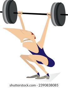 Cartoon man weightlifter illustration. 
Funny strong man is trying to lift a heavy weight. Isolated on white background
