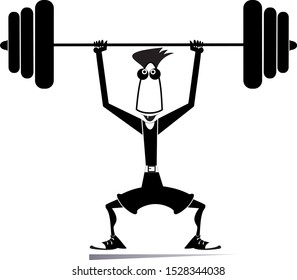 Cartoon man weightlifter isolated illustration. Cartoon athlete trying to lift a heavy weight black on white
