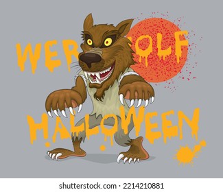 Cartoon man werewolf with word halloween, illustrator vector cartoon drawing