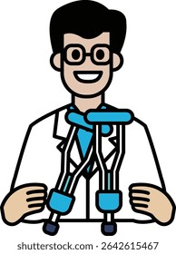A cartoon man in a white lab coat holding two crutches. He is smiling and he is happy