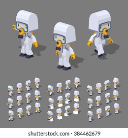 Cartoon man in the white protective suit. 3D lowpoly isometric vector illustration. The set of objects isolated against the grey background and shown from different sides