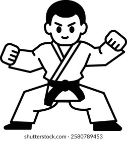 A cartoon of a man in a white uniform with a black belt and a black belt. He is holding his hands up in the air and has a frown on his face