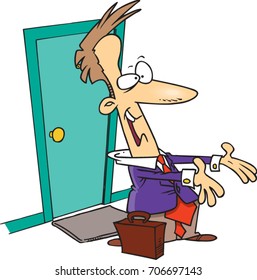 cartoon man who is home from work standing at the door with his arms outstretched