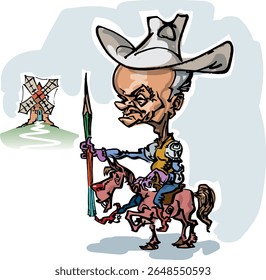 Cartum de um homem que é como Dom Quixote, com um lápis como lanceta