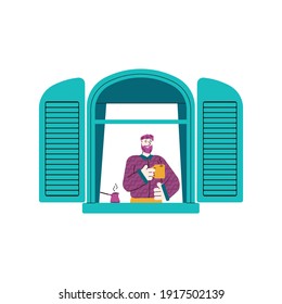 Cartoon man in window with open shutters drinking coffee and smiling - happy neighbor seen from outside in window frame holding a cup. Flat isolated vector illustration.