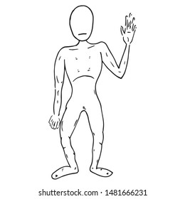 Cartoon man without a face. Man with a raised hand. Open hand. Avatar of man. Vector illustration. Simple hand drawn icon.