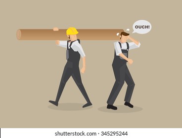 Cartoon man without work helmet gets hit on the head by worker carrying log on shoulder. Vector illustration on workplace accident concept isolated on plain brown background.