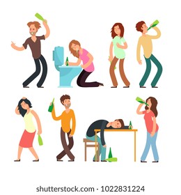 Cartoon man and woman alcoholic. People drunkard in bad situation vector set. Drunkard man, drunk and alcoholic illustration