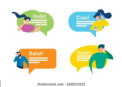 Cartoon Man and Woman with Bubble Speech. International Greeting Vector Illustration. Foreign People Communication. Phrase Hello Hola Salut Ciao. Mobile Phone Messenger Interface. Online Message