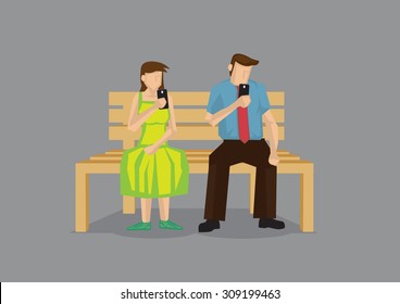 Cartoon man and woman busy texting with mobile phone during date. Vector cartoon illustration on technology in modern lifestyle concept isolated on grey background. 