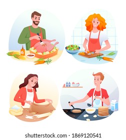 Cartoon man woman characters in chef aprons cooking green vegetable salad, baked turkey, pancakes, making dough for bread isolated on white.