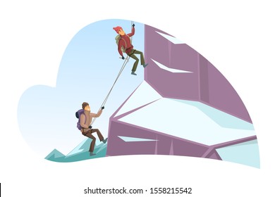 Cartoon man and woman characters climbing up cliff covered with snow. Male and female climber hanging on rope. Ice rock wall. Frost and cold weather. Holidays vacation. Vector flat illustration