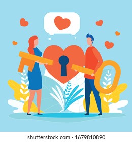 Cartoon Man and Woman Characters Holding Puzzle Key Parts from Heart Keyhole in Hands. People on Date Finding Love. Relationships Renovation. Start New Friendship. Vector Flat Illustration