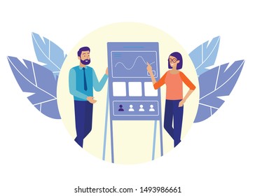 Cartoon Man and Woman Characters Research Social and Communicative Activity. Developers Performing Seo Analysis Results on Whiteboard. Internet Marketing and Service. Vector Flat Illustration