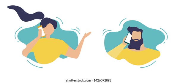 Cartoon Man and Woman Characters in Speech Bubbles Talk Phone. Telephone Addiction. Faceless Couple, Coworkers Make Personal or Business Call. Vector Conversation and Communication Flat Illustration