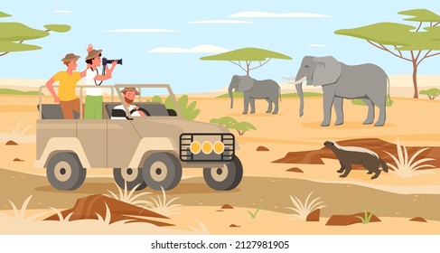 Cartoon man woman characters traveling on jeep, travelers taking photos of African wild animals background. Safari travel adventure, tour in Africa savanna wildlife landscape vector illustration