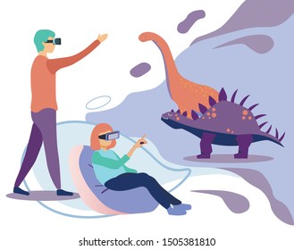 Cartoon Man and Woman Characters Wearing Virtual Reality Headset Glasses Enjoy VR Paleontology Simulation with Dinosaurs Stegosaurus and Sauropods. Augmented Prehistoric Time. Vector Flat Illustration