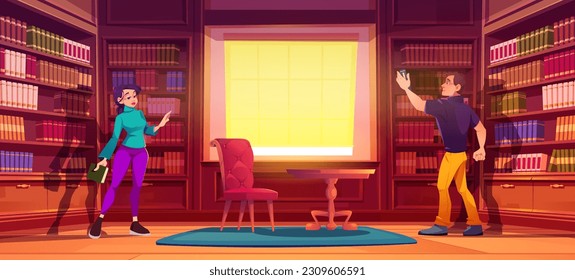 Hombre de caricatura y mujer eligiendo libros en la biblioteca. Ilustración vectorial de personajes femeninos y masculinos en una gran sala con estanterías de madera, mesa y silla de época. Club de literatura. Hobby de lectura