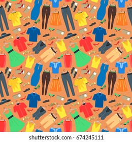 Cartoon Man and Woman Clothes Background Pattern for Store. Flat Design Style. Vector illustration