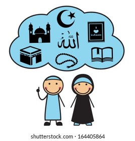 Cartoon man and woman and cloud with the symbols of Islam and the word Allah in Arabic 