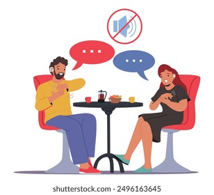 Cartoon Man and Woman Converse Using Sign Language At A Kitchen or Cafe Table, Emphasizing Deaf Communication And Interaction. Male Female Characters Engaged In A Friendly Conversation, Vector Scene